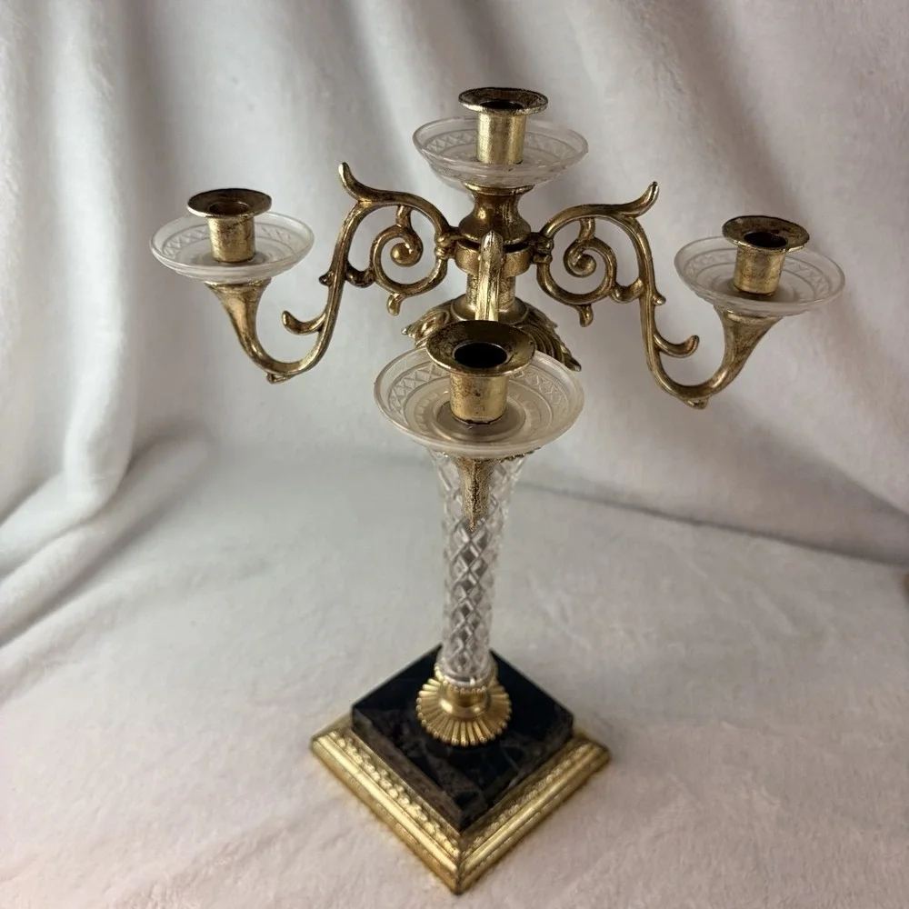 Vtg 50s Dilly Mfg Co 5-Arm Candelabra Hollywood Regency Brass Crystal Marble USA